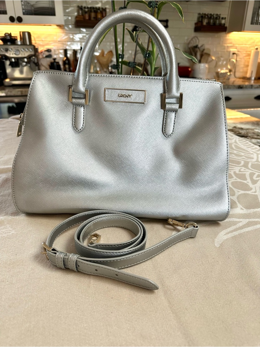 DKNY Metallic Silver Saffiano Satchel Crossbody Bag w/ Dust Bag